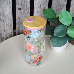 Clementine Floral Glass Tumbler with Bamboo Lid